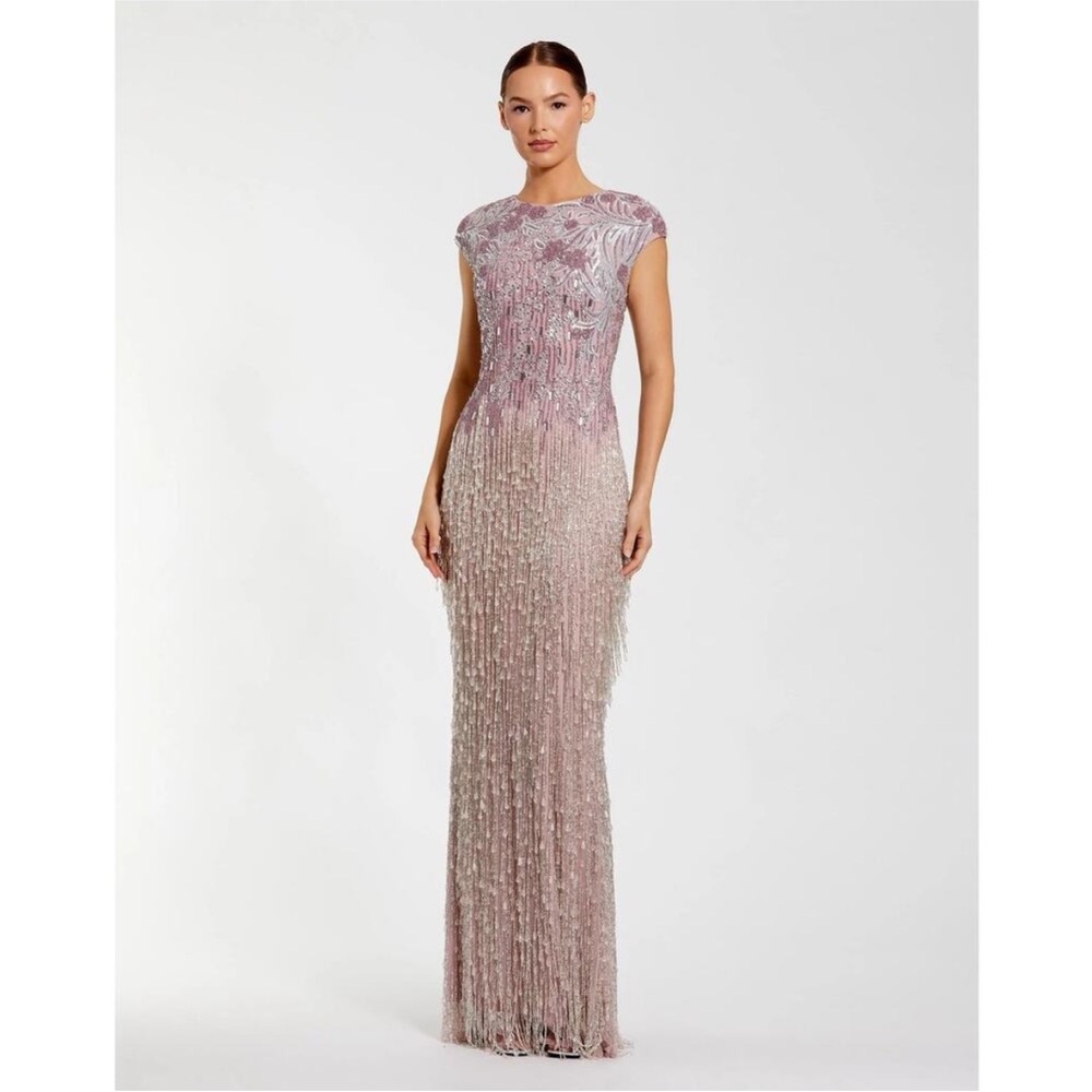 Mac Duggal 6169 Vintage Lilac Embellished Cap Sleeve Gown Fringe Beading Sz 12
